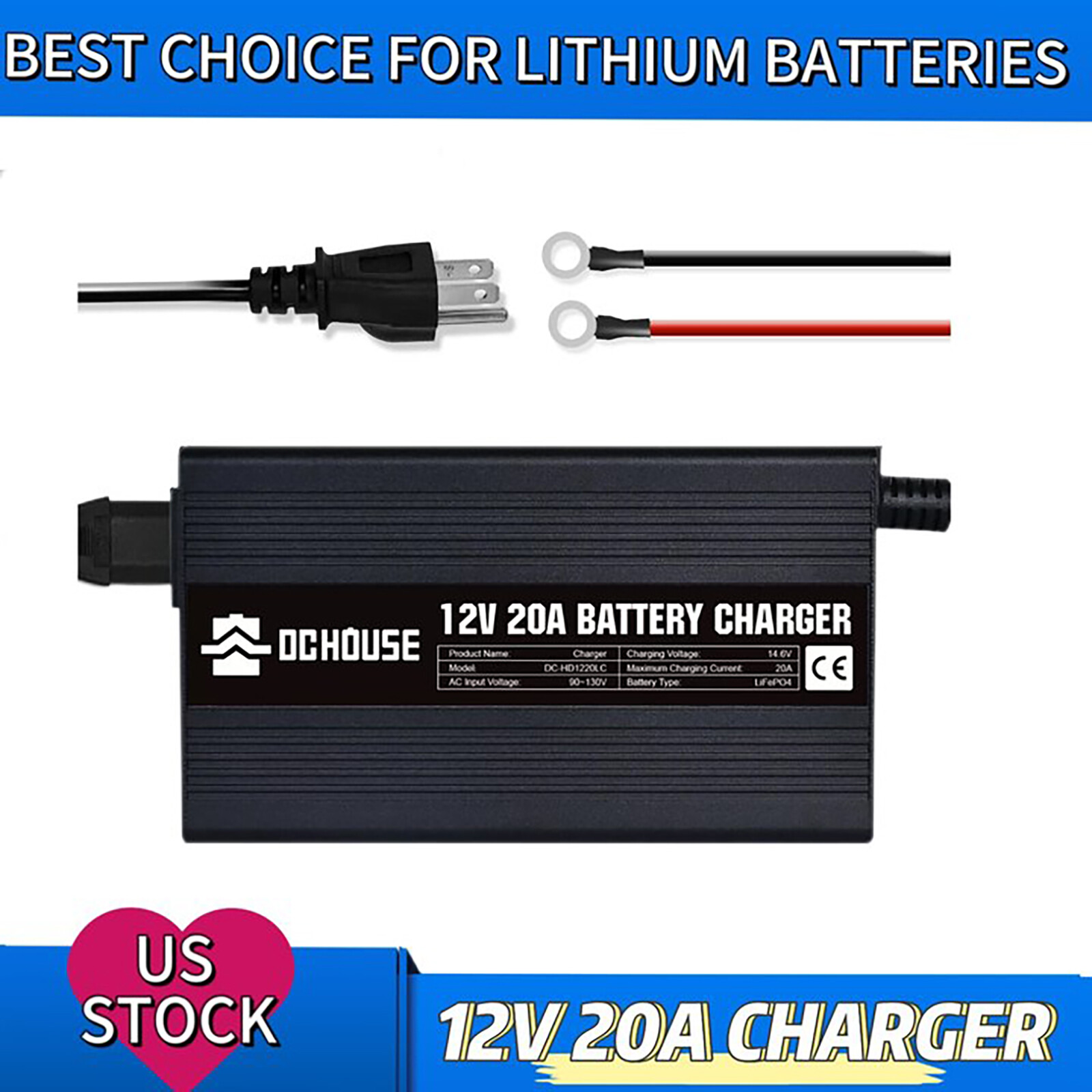 20-Amp 20A Smart Charger for Lithium Iron Phosphate (LiFePO4) Battery 12V 14.6V