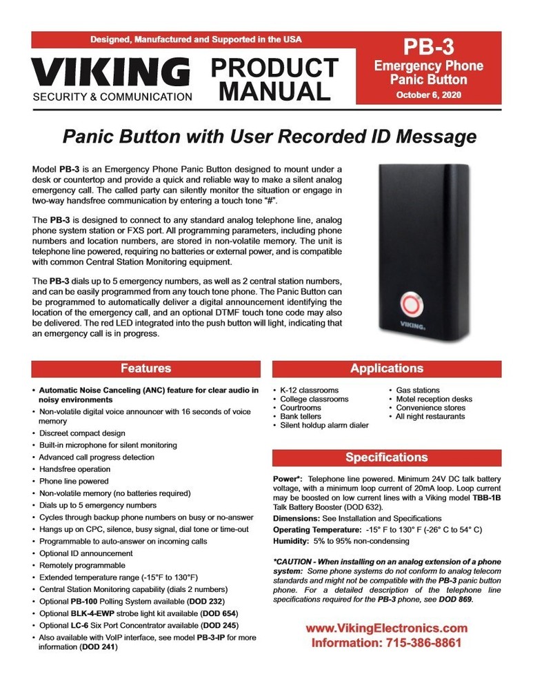 NEW Viking Electronics - PB-3  Viking Electronics Emergency Phone Panic Button