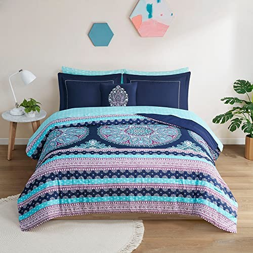 Bed Set, Boho Mandala Comforter Sets with Sheets,Blue Microfibe Bed Queen Navy