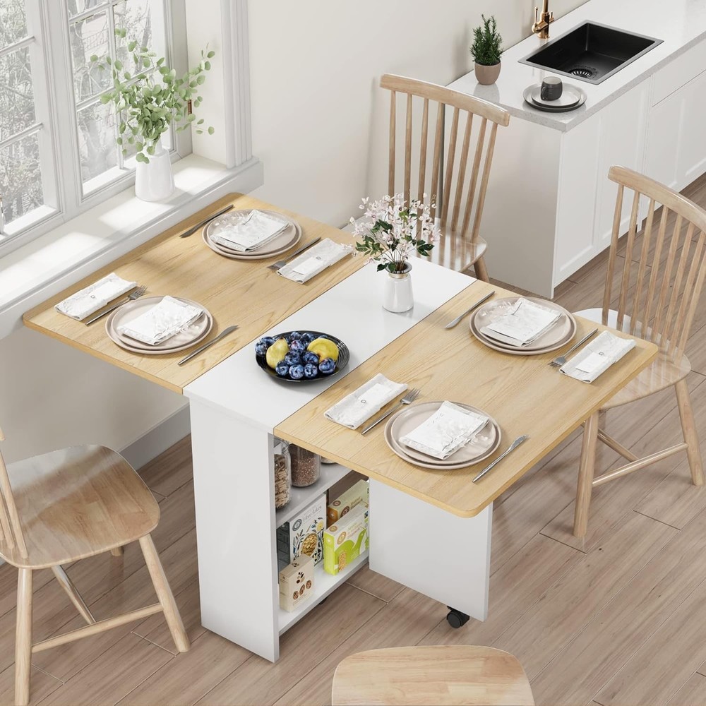 Folding Dining Table, Drop Leaf Kitchen Table with Storage Shelf ,Space Saving