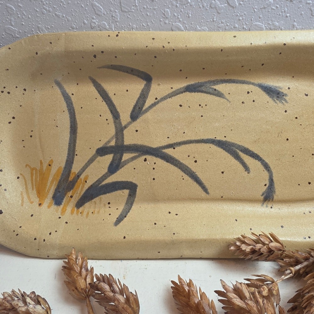 Vintage Signed Studio Pottery Speckled Stoneware Serving Tray Botanical Pattern