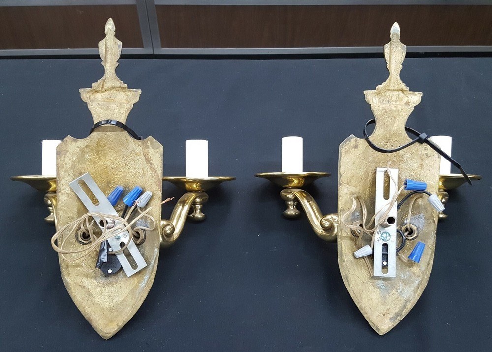 Pair of Two Light Solid Brass Wall Sconces