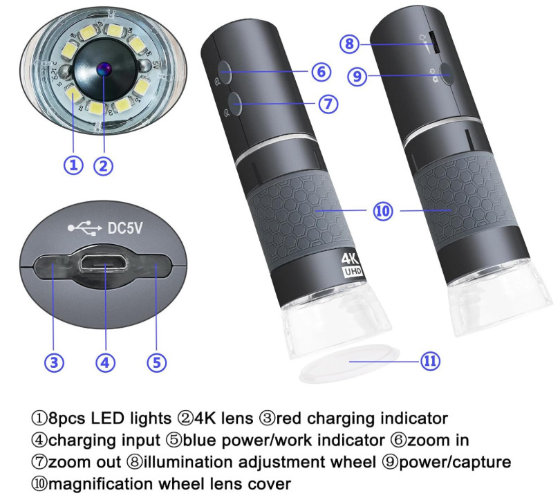 WiFi USB Microscope 50–1000x 4K, 8 LEDs, Stand, for iOS Android Mac Win Linux