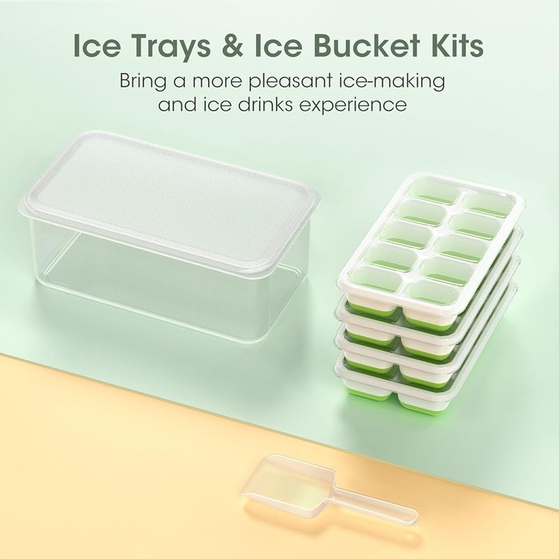 Stackable Ice Cube Tray Set W/ Lid Scoop & Storage Bin Freezer Organization New