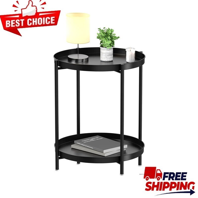 2 Tier End Table Metal Side Table Waterproof Small Sofa Coffee Side Table US
