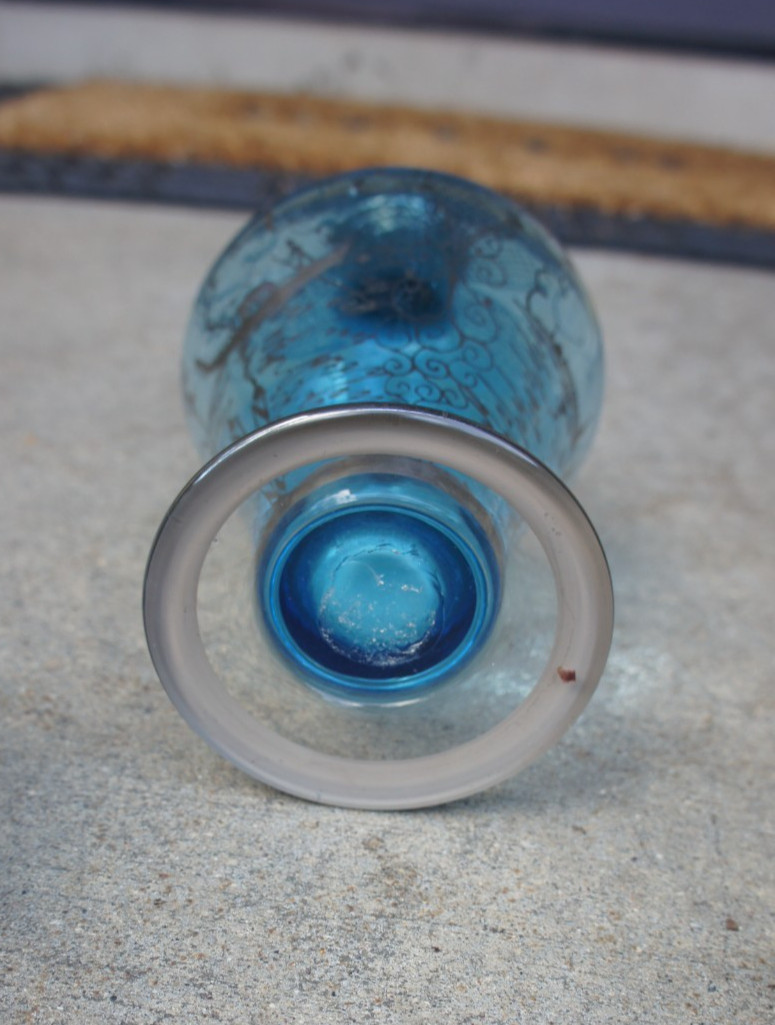 Vintage Venetian Murano Glass Decanter & Six Cordial Glasses Blue Silver Overlay