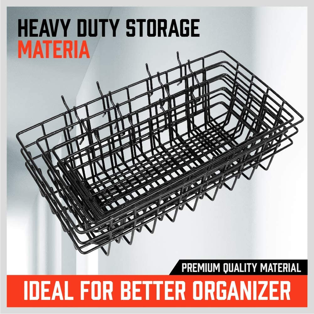 Peg Board Bins and Baskets | 4 Pack | Square Style 4 Size Pegboard Baskets and P