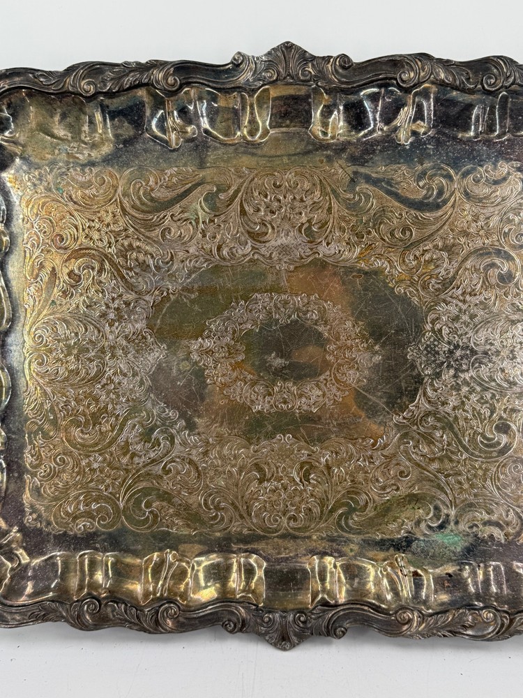 Vintage Silver Plated Copper Silver On Copper Ornate Engraved Serving Tray-25"