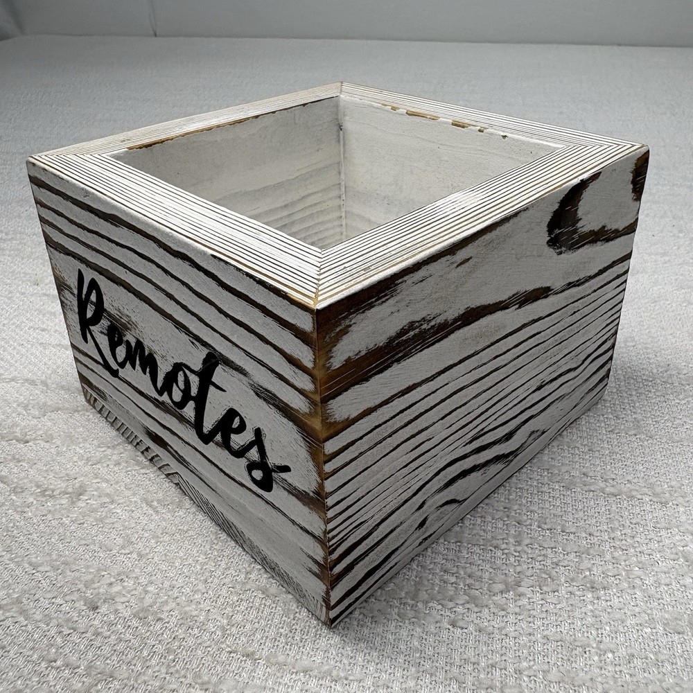 Remote Control Holder Box Wood Whitewashed Rustic Farmhouse Decor Organizer