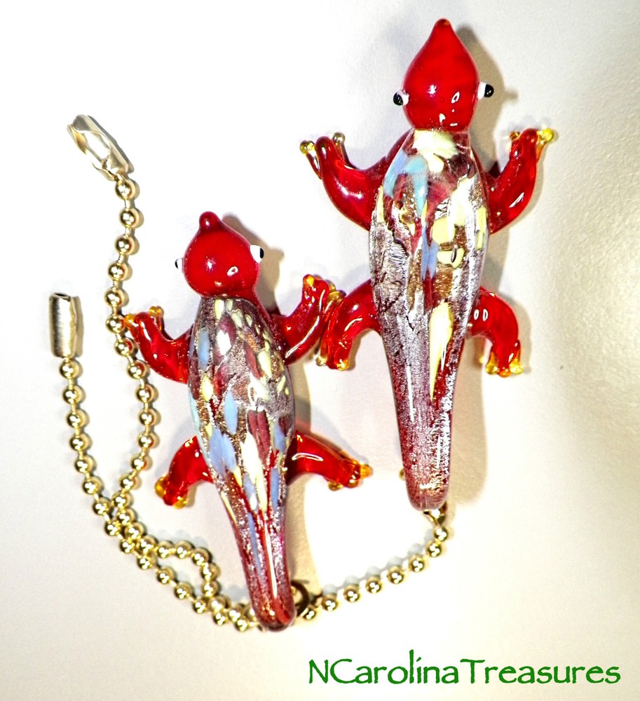 GLASS CEILING FAN SWITCH PULL RED MULTICOLORED LIZARD GECKO SALAMANDER LG PAIR