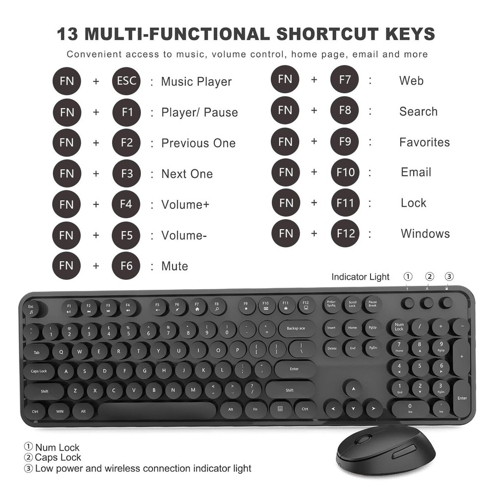 Wireless Keyboard and Mouse Combo, Retro Typewriter Style Keyboard with Round...