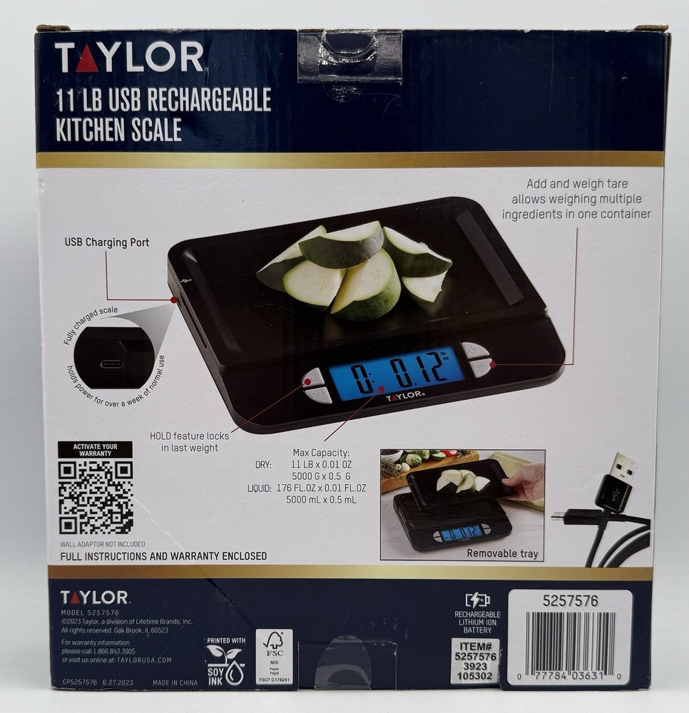 Kitchen Scale Taylor 11 LB USB Rechargeable Multi-Function Cord Included