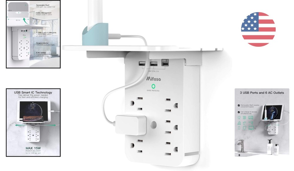 Wall Outlet Extender with Surge Protector, 6 AC Outlets, Shelf, 2 USB & USB C...