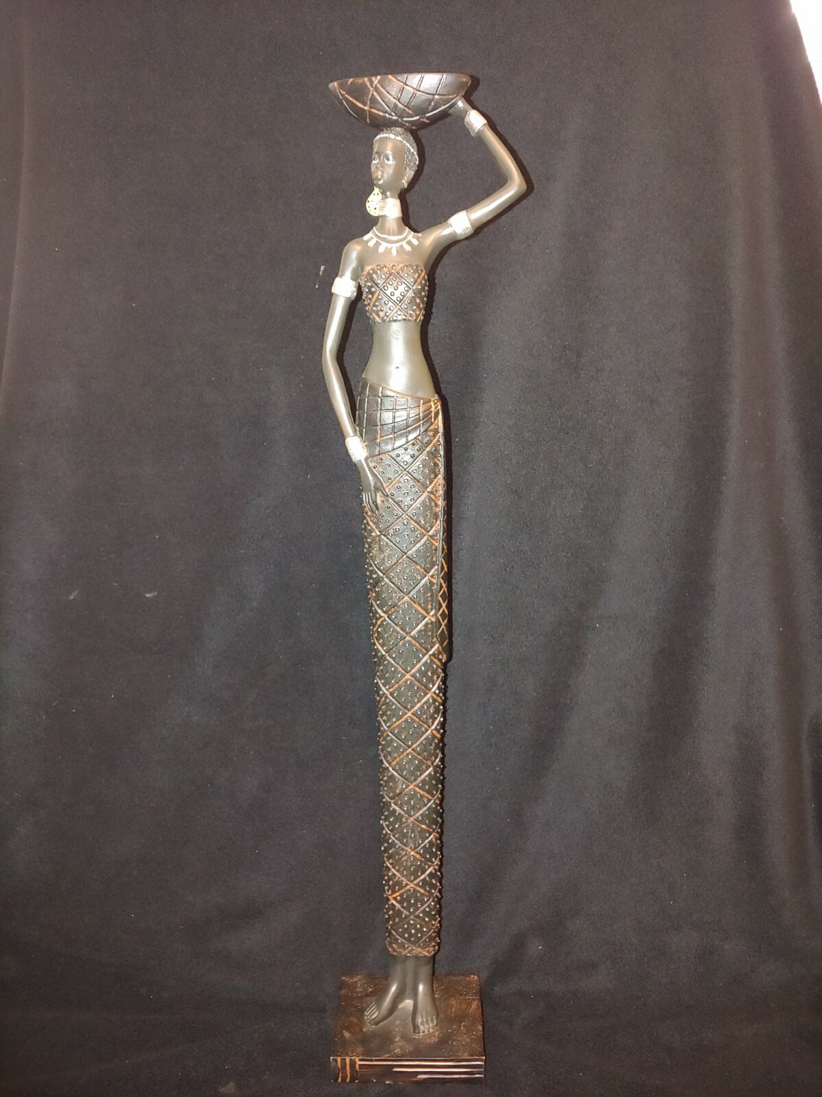 Tall African Tribal Woman Figurine Large Resin Statue Carrying Bowl 24"