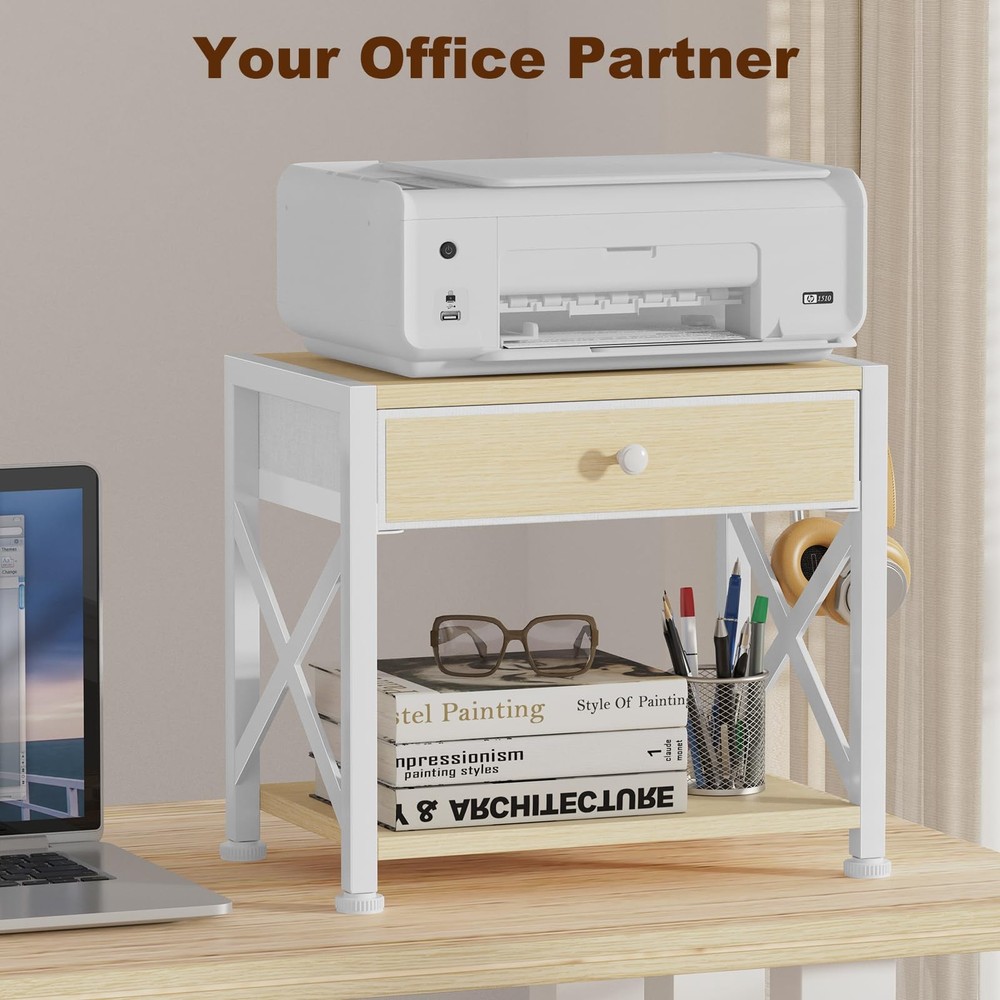 2-Tier Desktop Printer Stand Large Drawer Under Desk Storage Wheels Beige