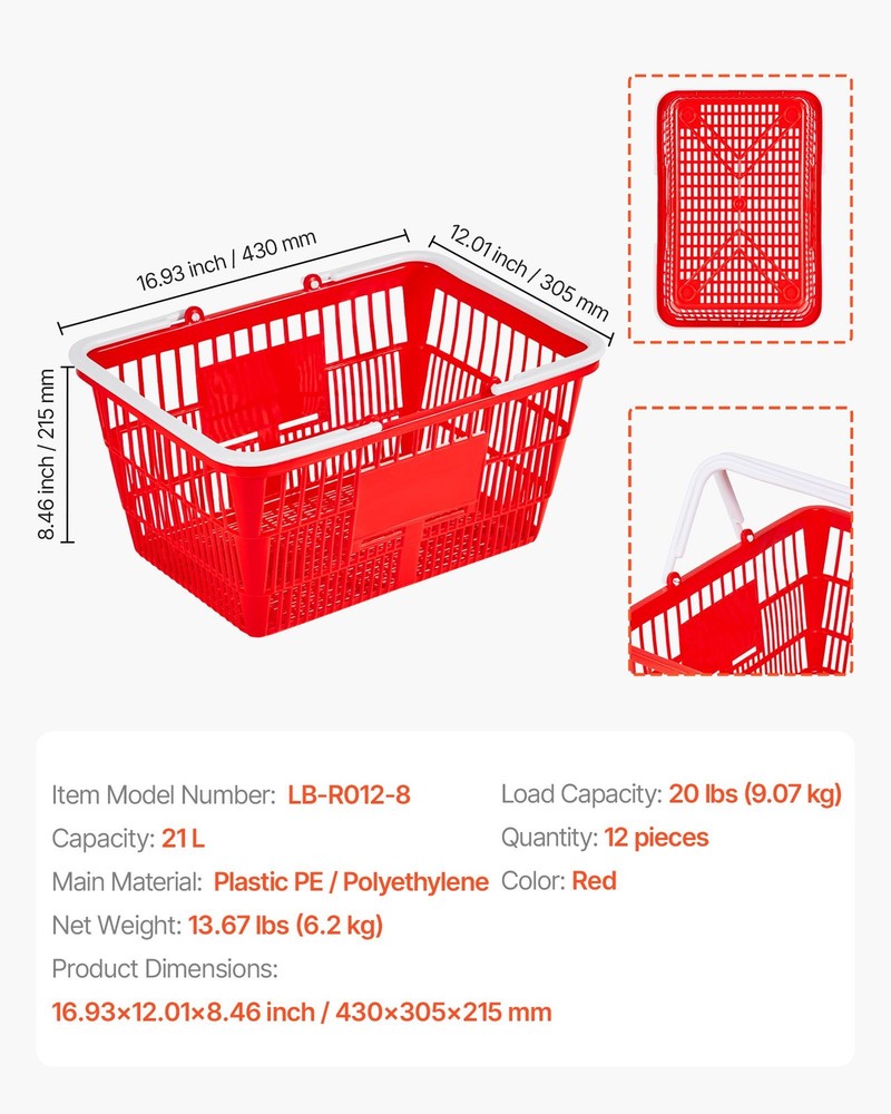 Shopping Baskets, 12 PCS, 21L Stackable PE Plastic Grocery Baskets with Handles,