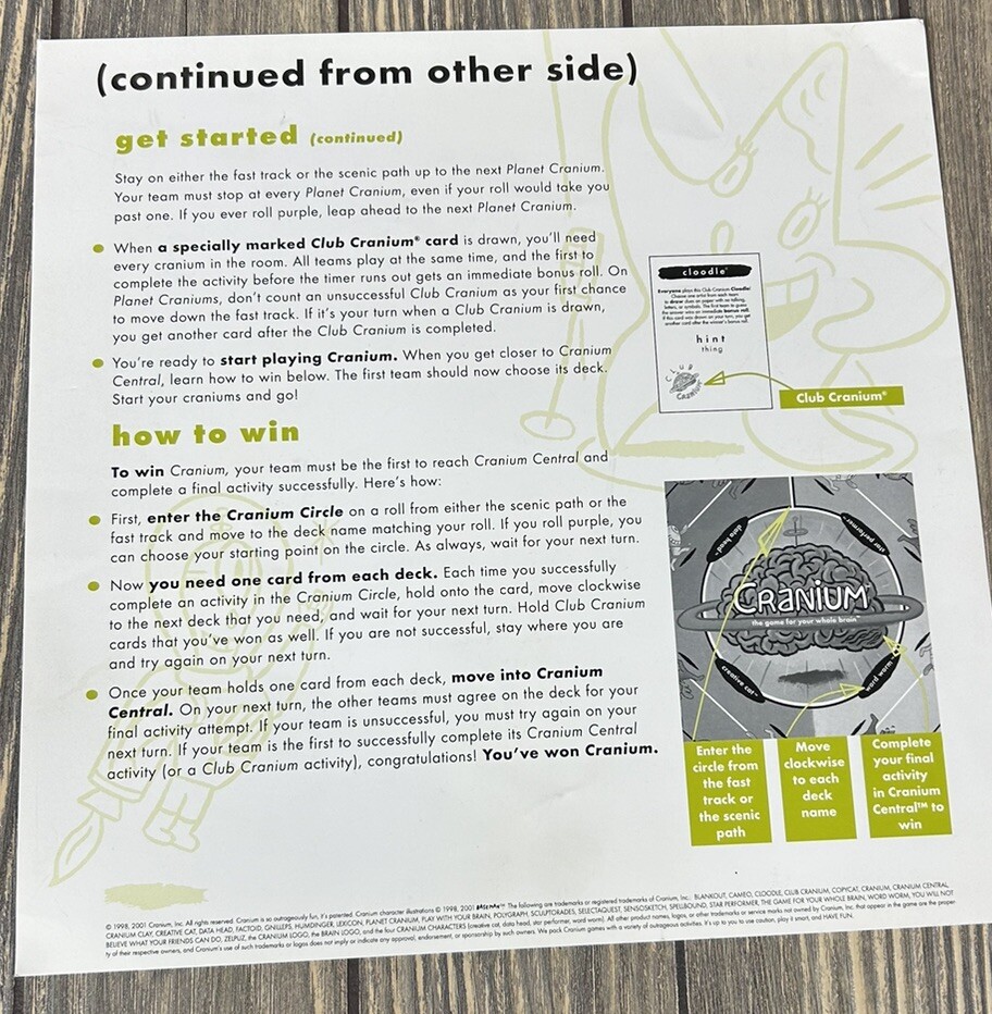 Vintage 2001 Cranium Game Replacement Piece Instructions