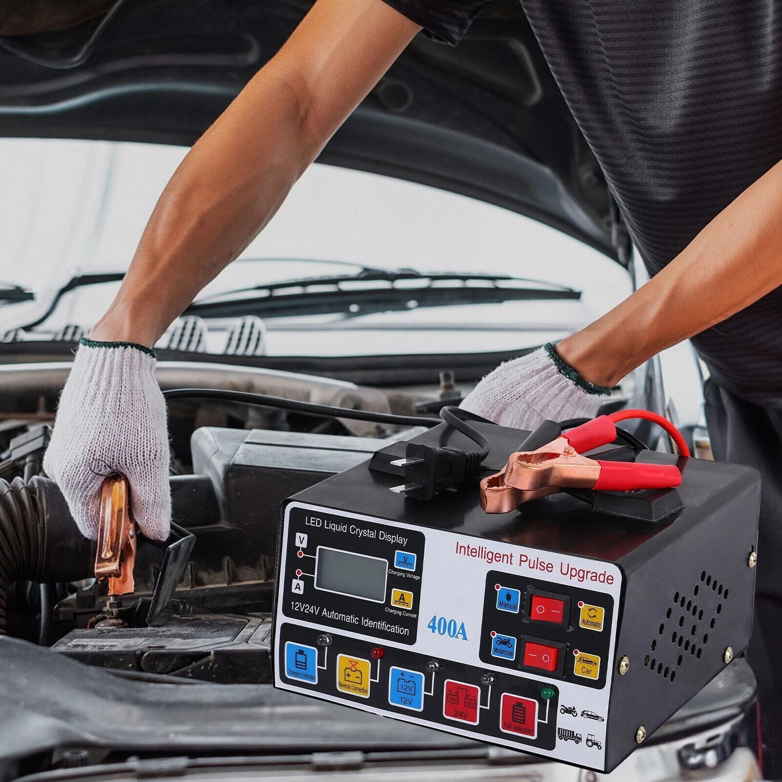 400A Heavy Duty Battery Charger 12V/24V Pulse Repair Car Battery Charger Trickle