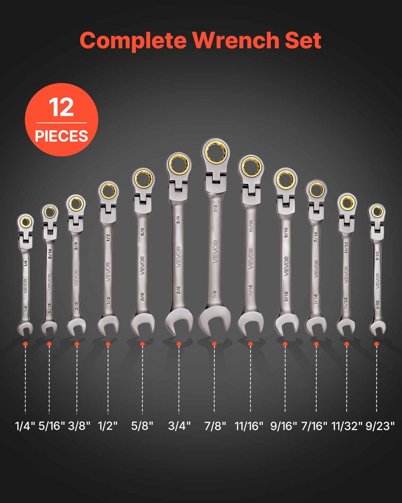 VEVOR Flex-Head Ratcheting Wrench Set Combination Wrench Set 12-Piece SAE Sizes