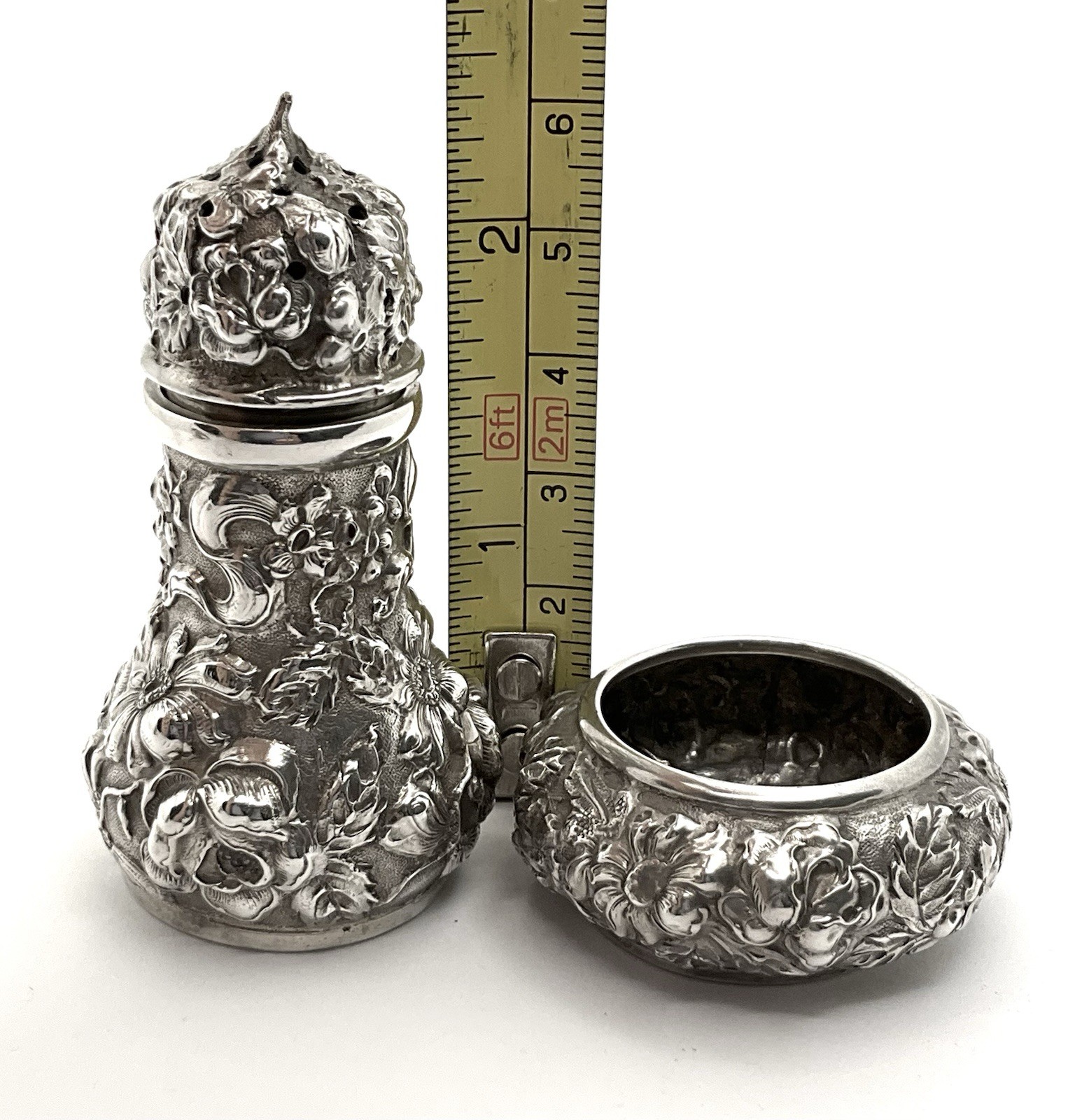 Antique Stieff Rose Repousse Sterling Silver Open Salt Cellar & Pepper C-1920