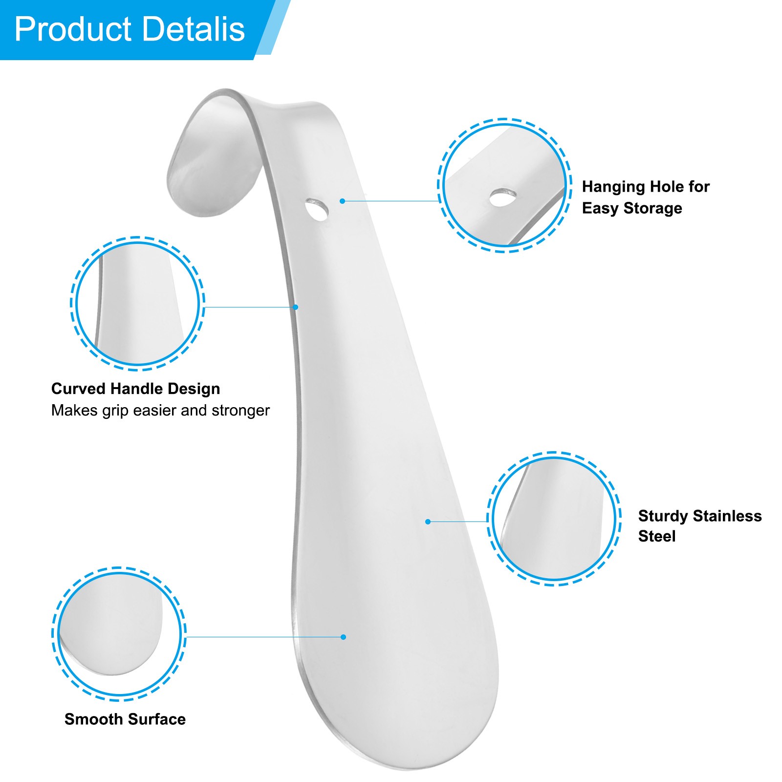 6in Shoe Horn, 2Pcs Metal Curved Handle Thickened Shoe Helper, Silver Tone