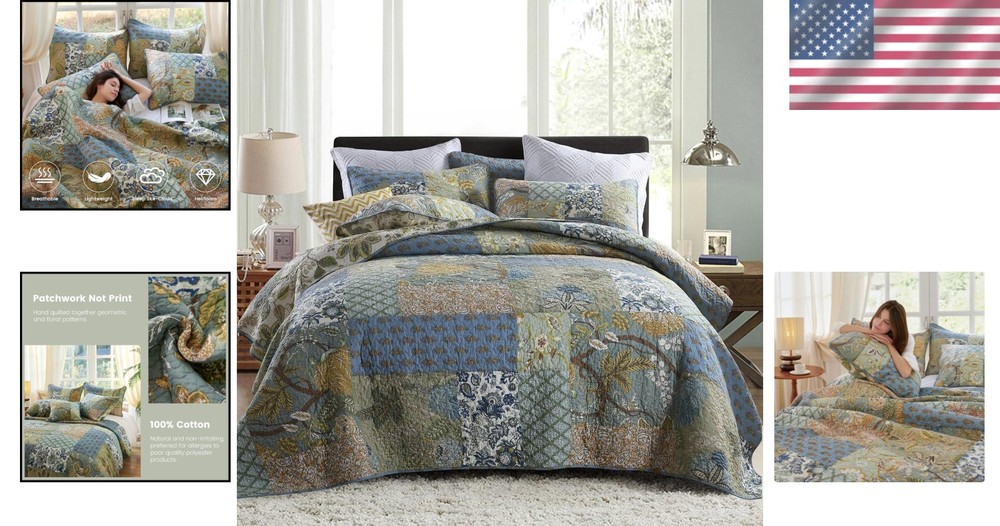 King Size Comforter Set Cotton Quilt Boho Patchwork Reversible Bedspread