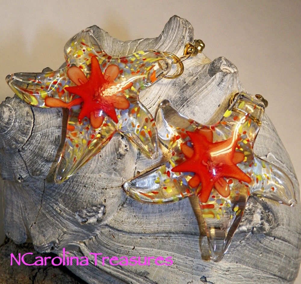 STAR STARFISH RED STARBURST ART GLASS CEILING FAN LIGHT SWITCH PULL LARGE PAIR