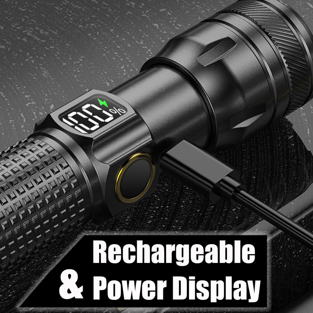 Gotellx Rechargeable LED Flashlights with Digital Power Display, Small, Black