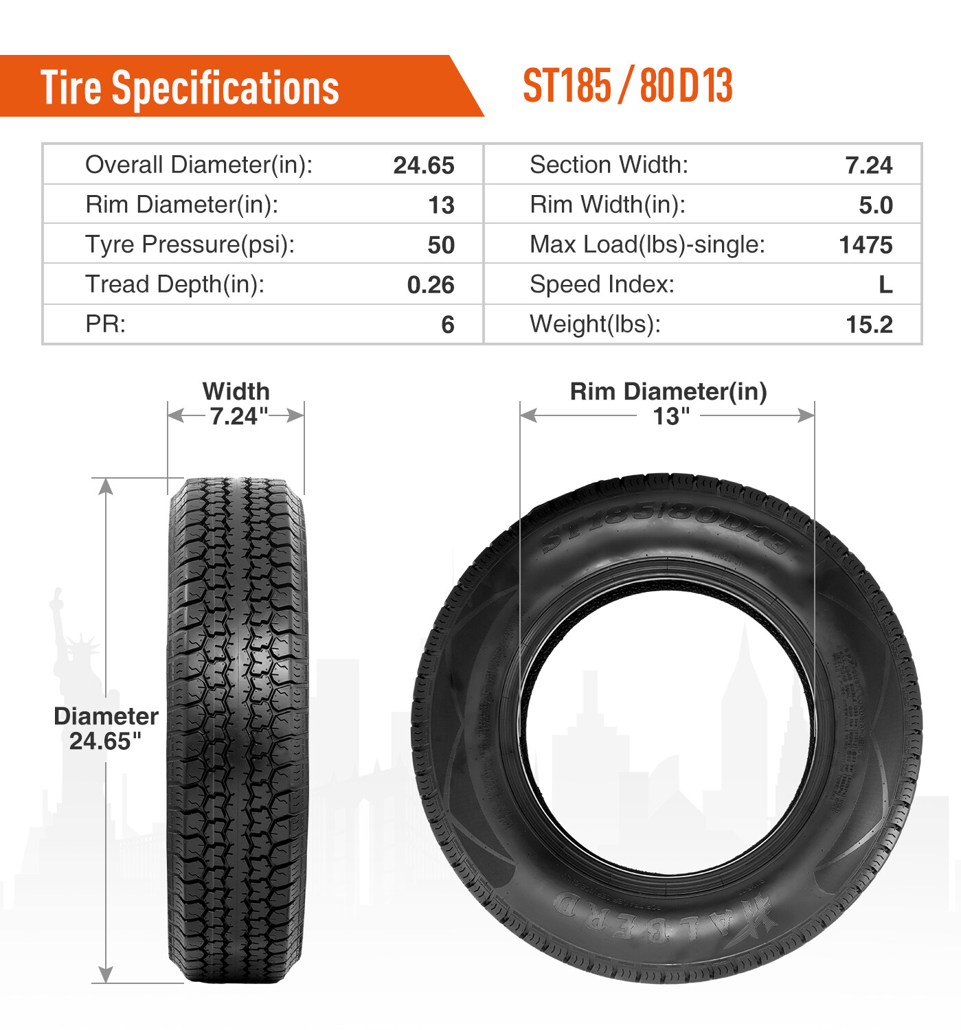 Set 2 Premium ST185/80D13 Trailer Tires 185 80 13 Heavy Duty 6Ply Load Range C