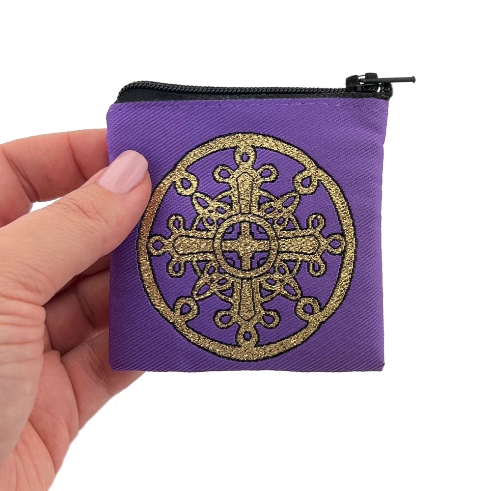 Tapestry Cloth Small Pouch For Rosary Prayer Beads Three Buds Cross Holy Trinity