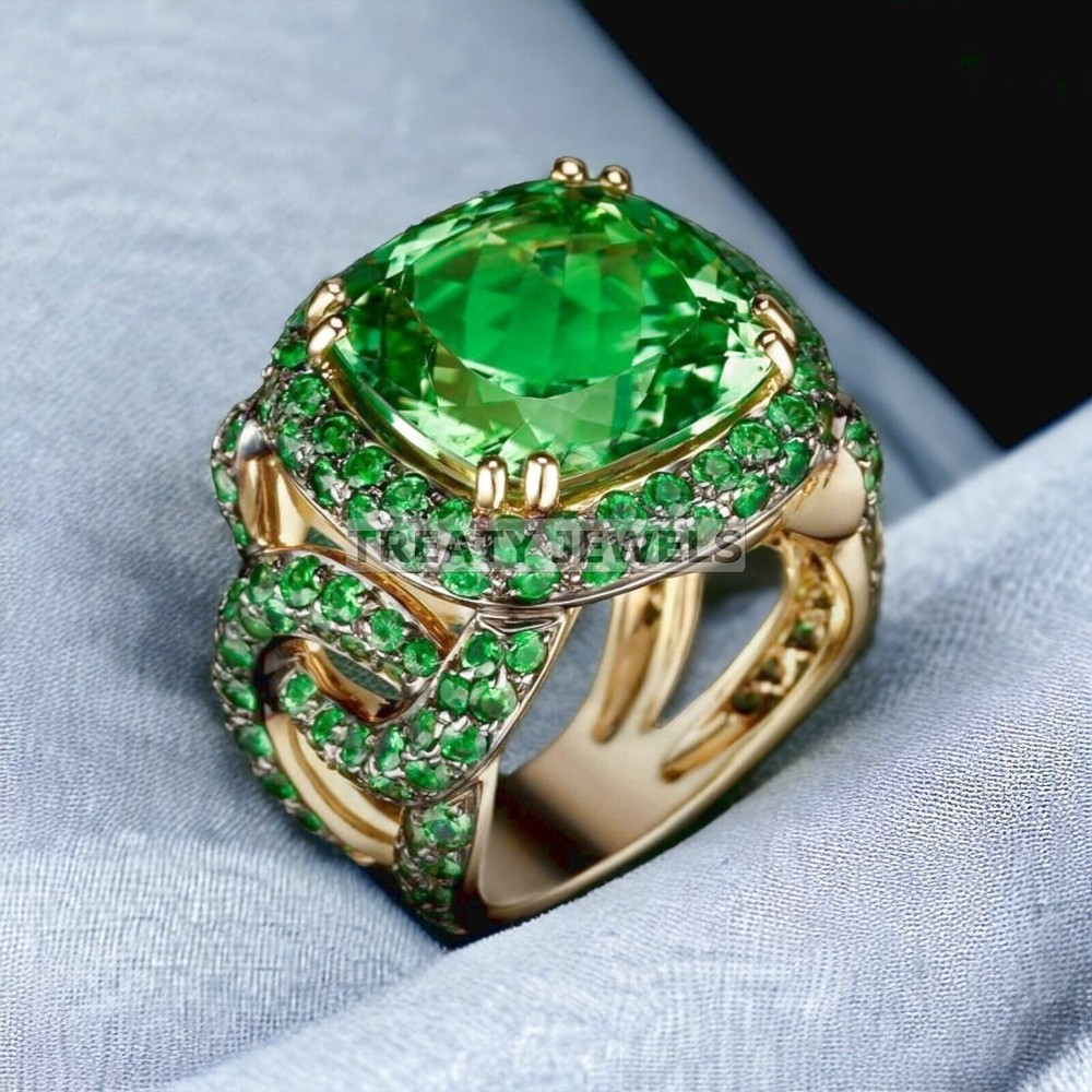Emerald Cushion Cut With 14K Solid Yellow Gold Ring For Men's #543