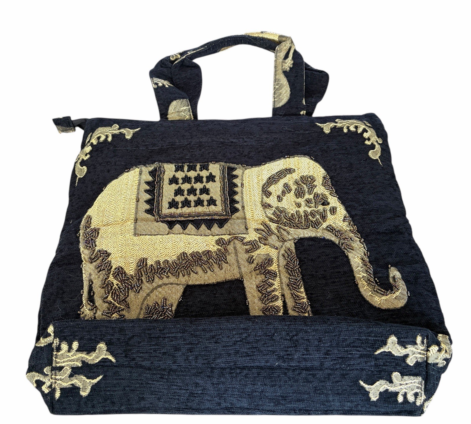 Elephant Themed Tote Bag Embroidered Black + Gold Asian Exotic Style