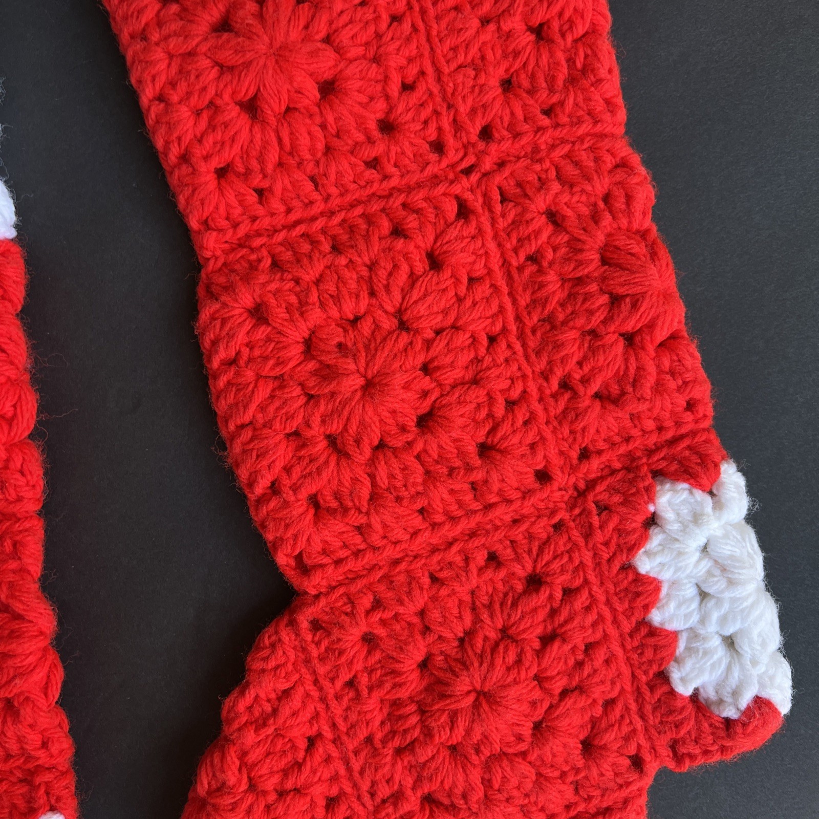 VTG Crochet Christmas Stockings Pair Red White Granny Squares Handmade 21” & 17”