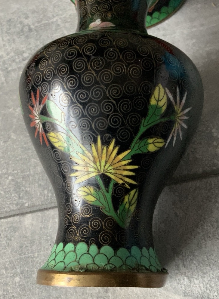 Lot Of 4 CLOISONNE Noir Enamel On Brass Variety Shapes Vases Vintage & Antique