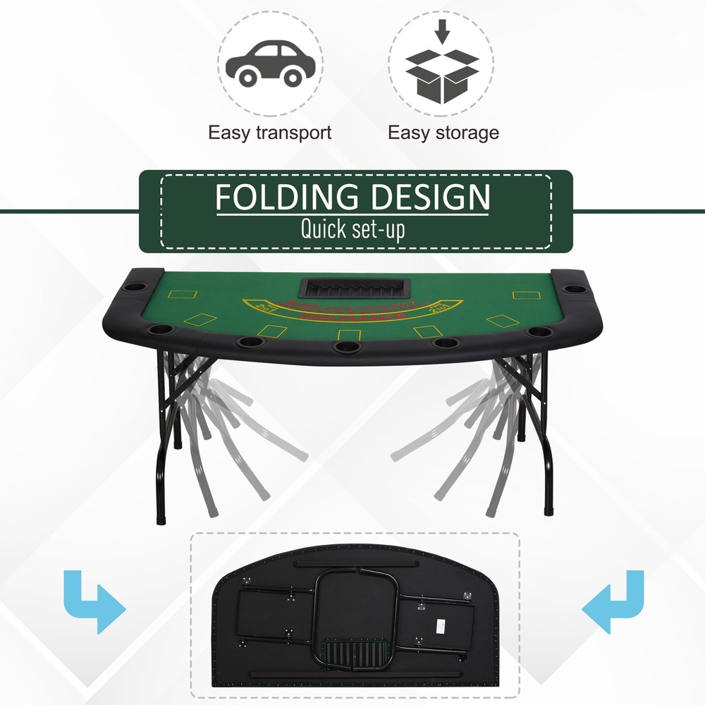 72" Foldable 7-Player Poker Blackjack Table & Cup Holders, Green