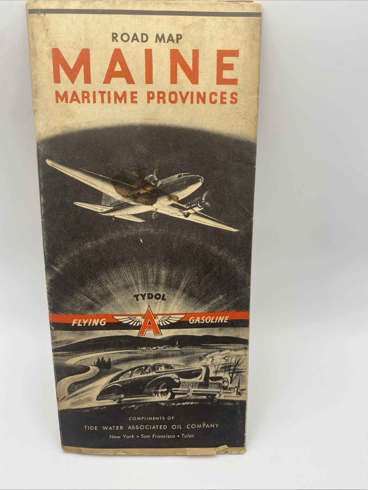 1941 Maine Maritime Province Road Map Tydol Flying A Gas Oil  Advertising F32