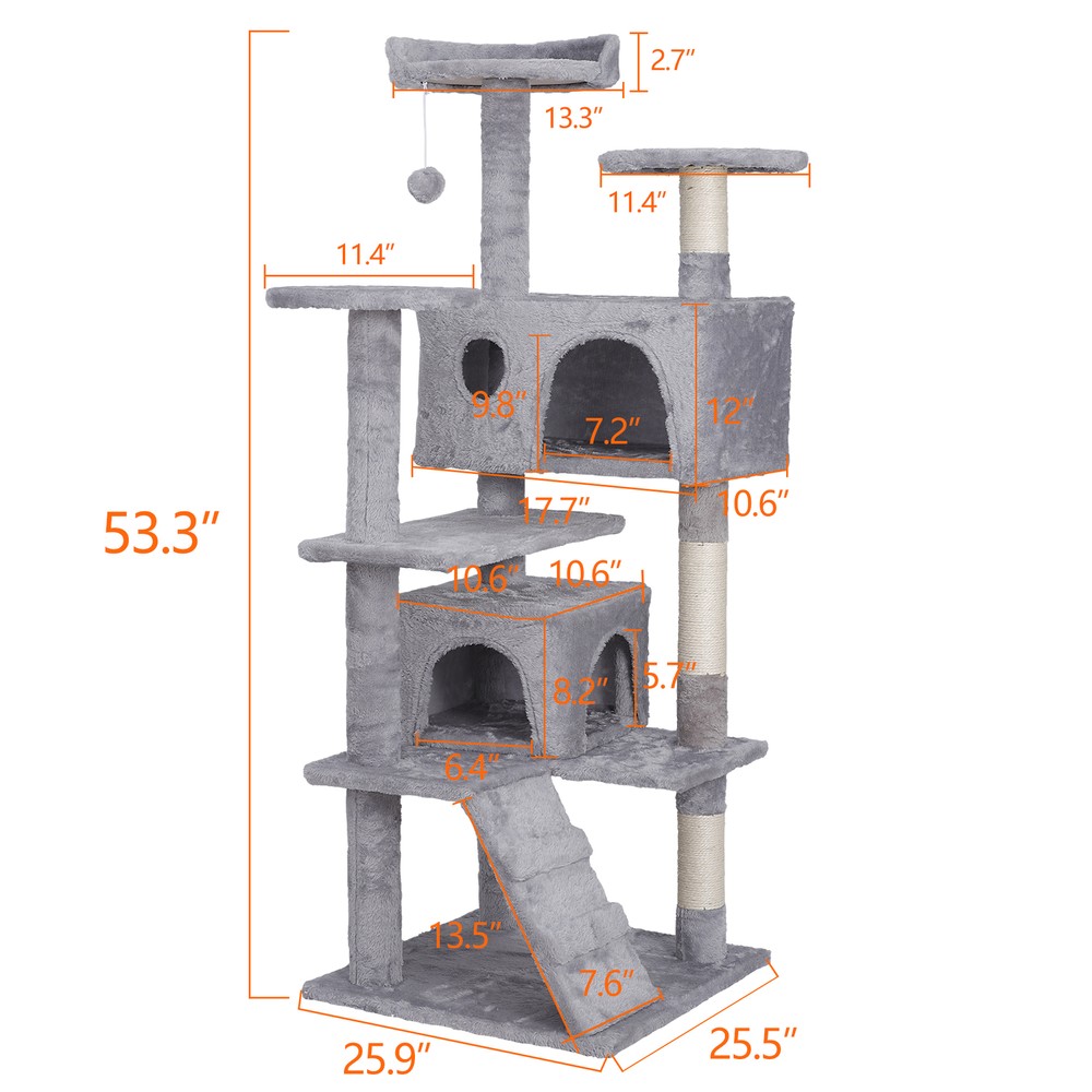 55'' Cat Tree Tower with Sisal Posts Sturdy Cat Activity Center Light Grey
