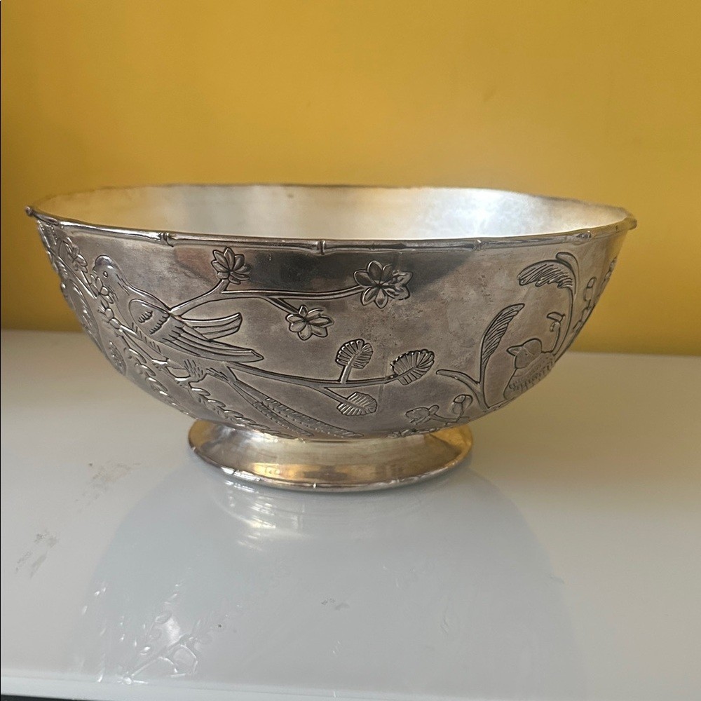 Godinger Silver Plate Decorative Large Fruit Bowl with Flower and Bird Design