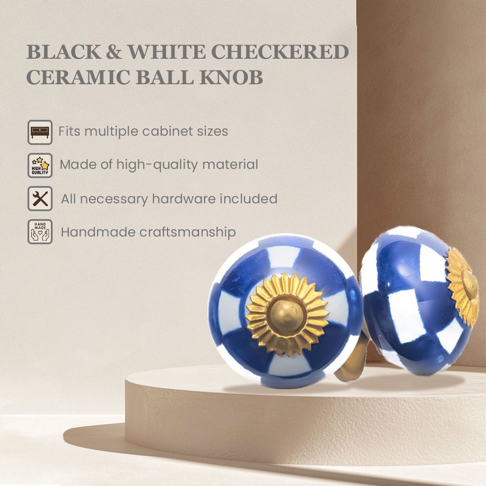 Blue & White Checkered Ceramic Knobs - 6 Pack, Cabinet & Drawer Hardware
