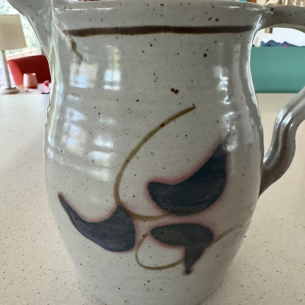 Studio Art Pottery Pitcher Gray Blue 7” Tall Handle Stoneware Earthenware