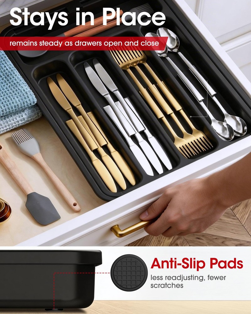 Aujen Silverware Organizer - Expandable Kitchen Drawer Medium, Black