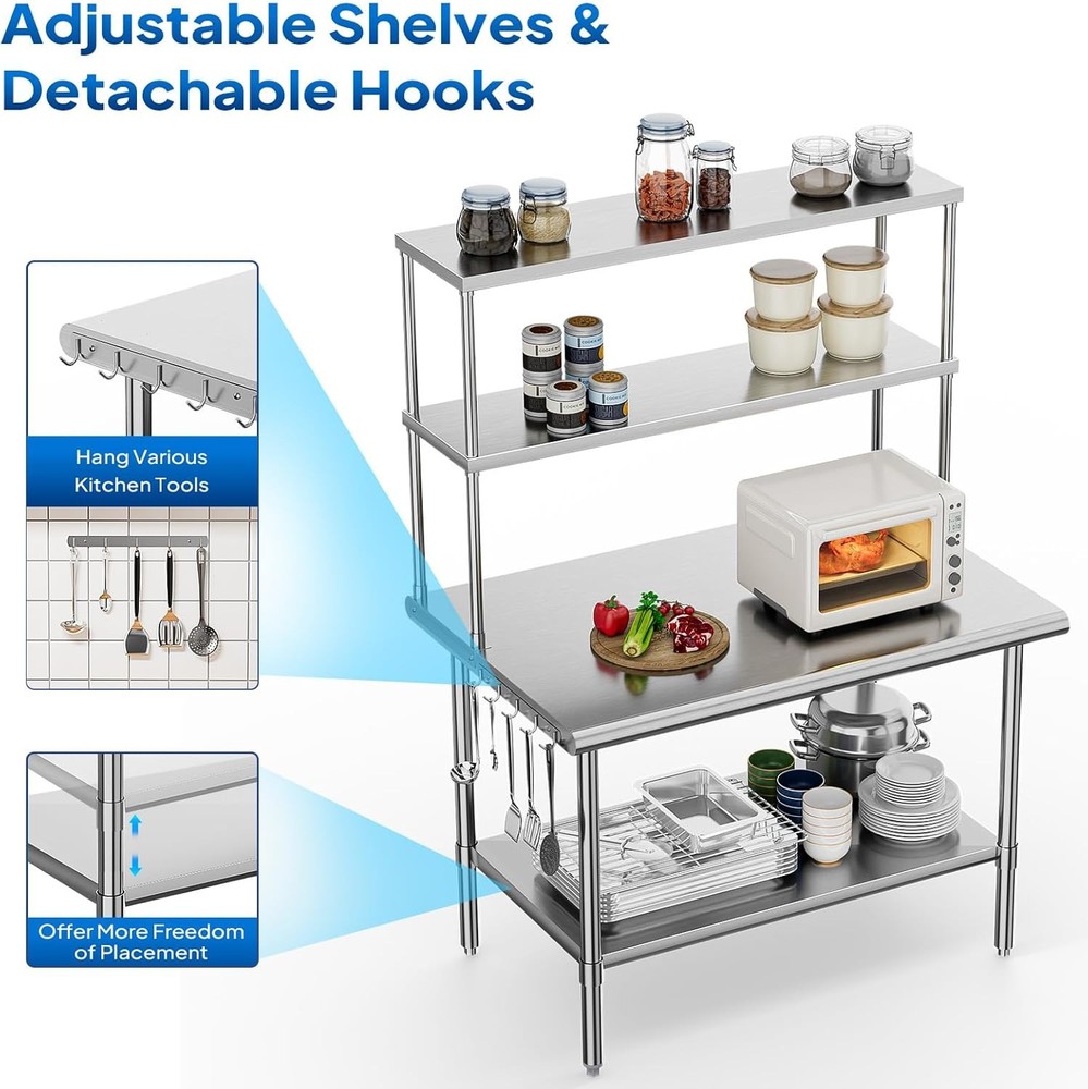 Heavy Duty 48"x30" Stainless Steel Prep Table with Adjustable Undershelf & Hooks