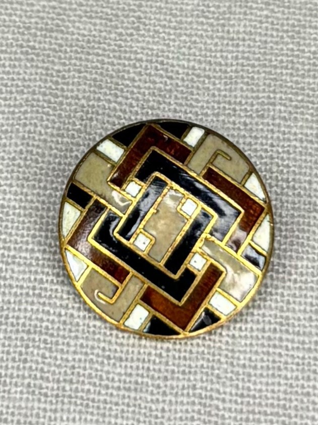 Antique Champleve Enamel Button with Geometric Design - 9/16”