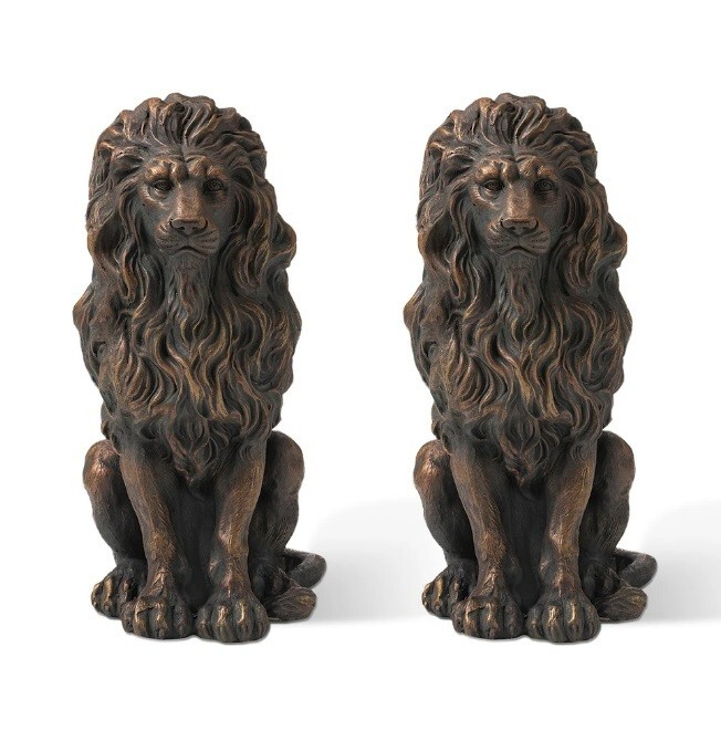 Guardian Lion 2 Set Garden Sculpture Yard Statue Bronze MgO Door Figurine Patio