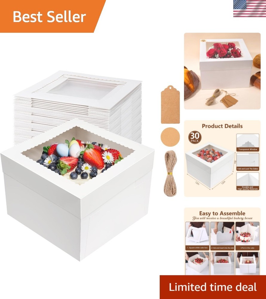 30 Pcs Cake Boxes, 12x12x8 Inch White Bakery Boxes with Window Cake Container...