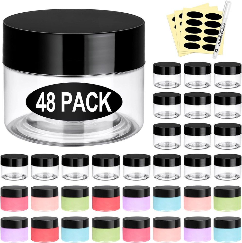 48 Pack Plastic Jars with Lids 2 OZ - Empty Clear Cosmetics Containers with Pen