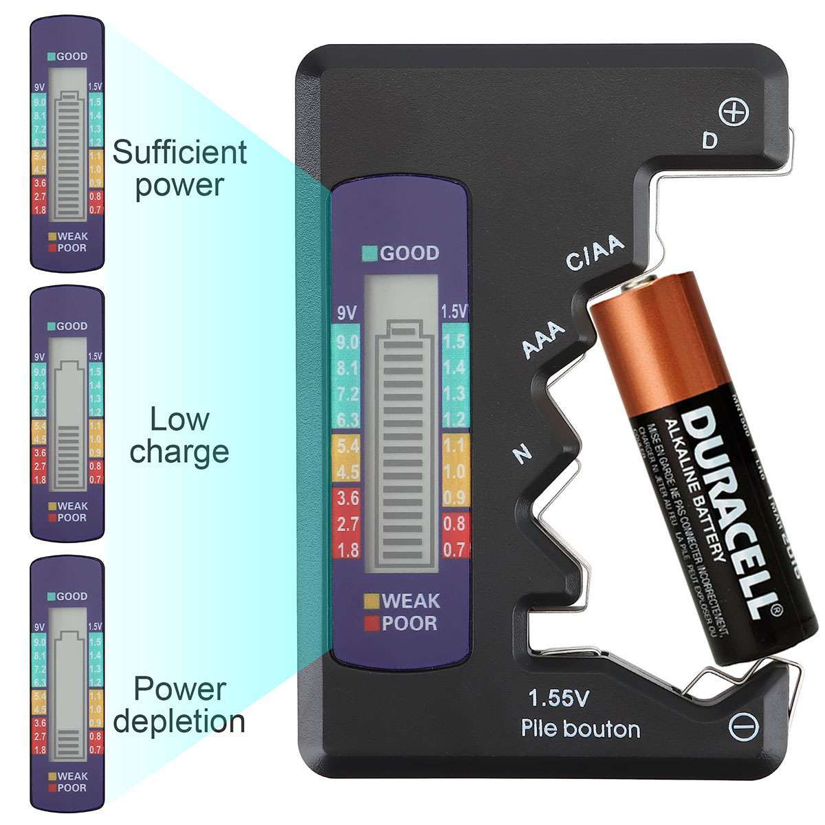 Battery Tester Checker Universal For AA AAA C D 9V 1.5V Button Cell Batteries US