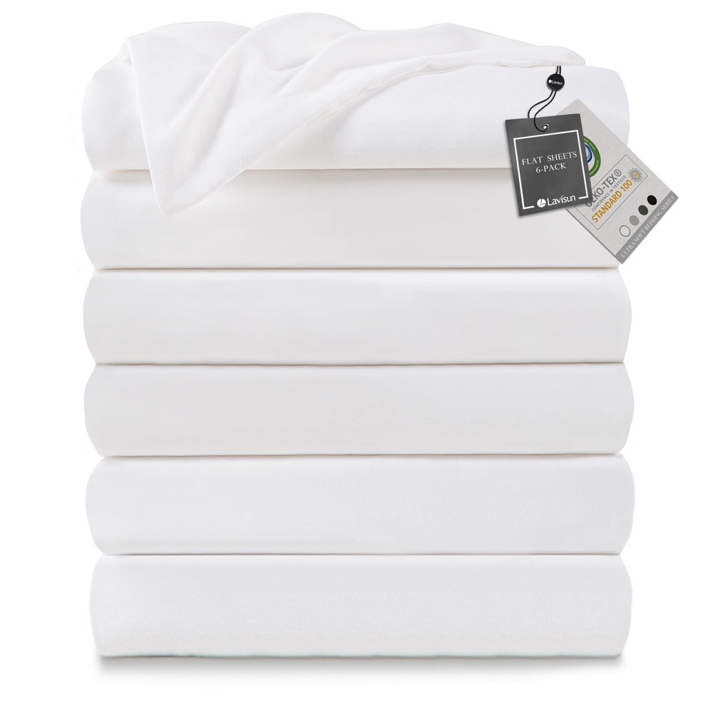 Twin Flat Sheets 6 Pack,White Brushed Microfiber Bed Sheets, Soft & Breathable B