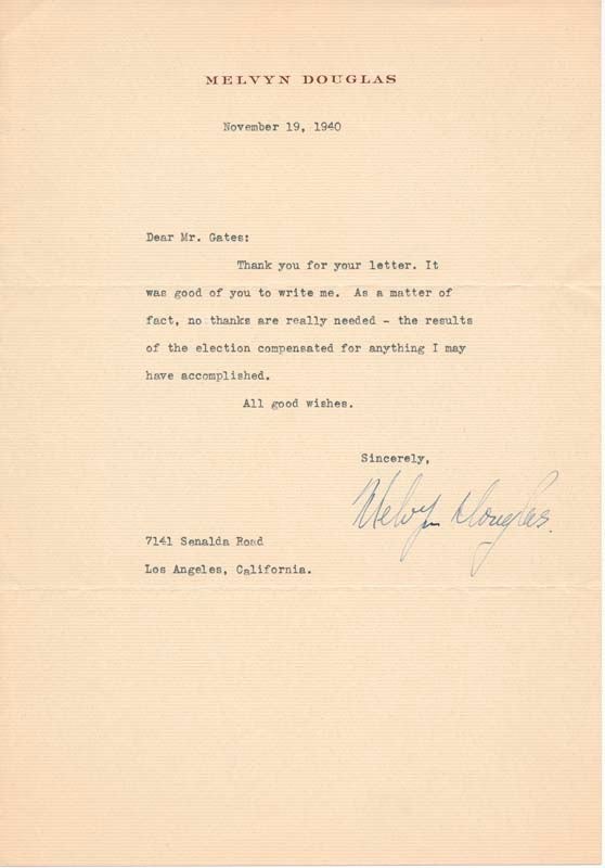 Melvyn DOUGLAS / Typed Note Signed