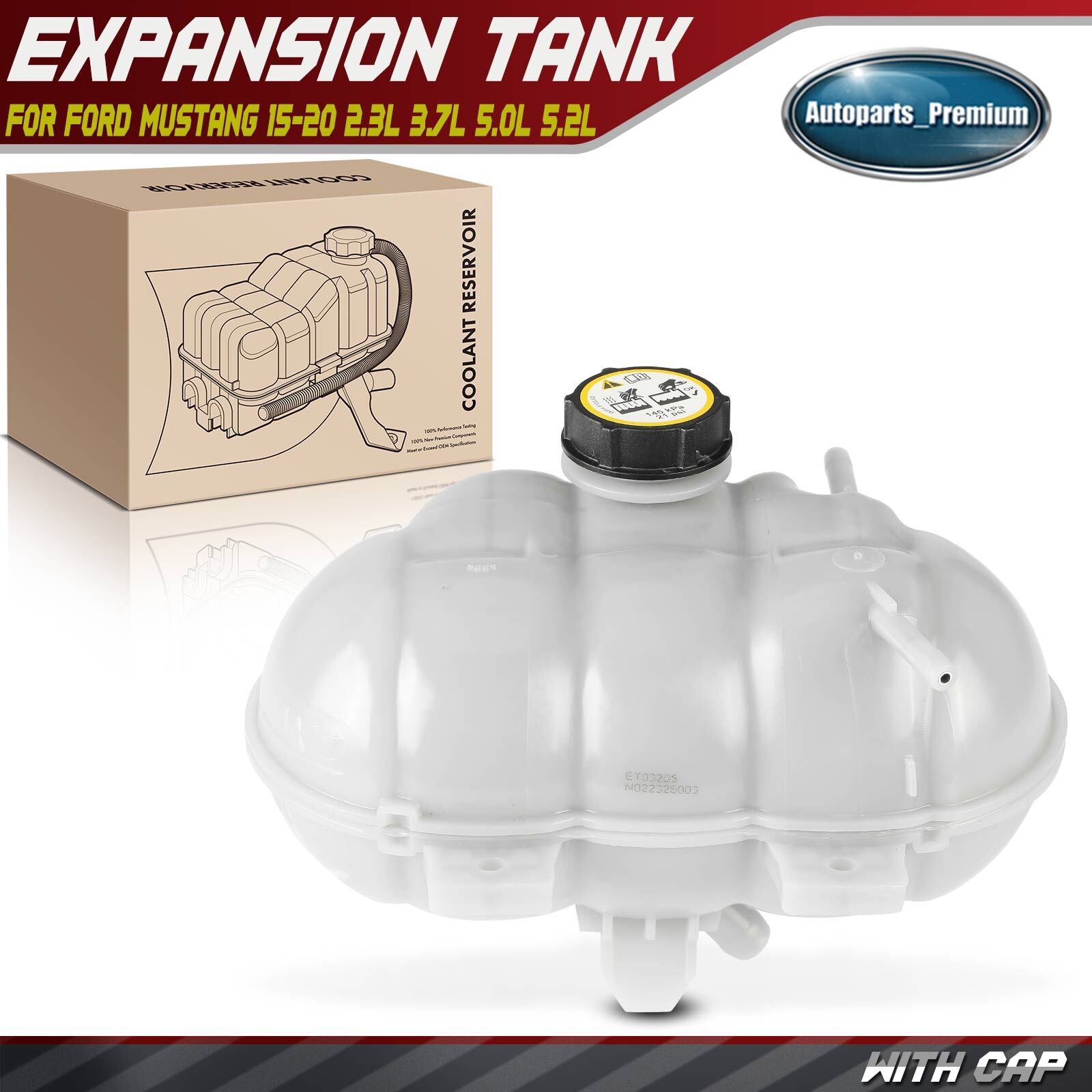 Engine Coolant Reservoir Tank w/ Cap for Ford Mustang 15-23 2.3L 3.7L 5.0L 5.2L
